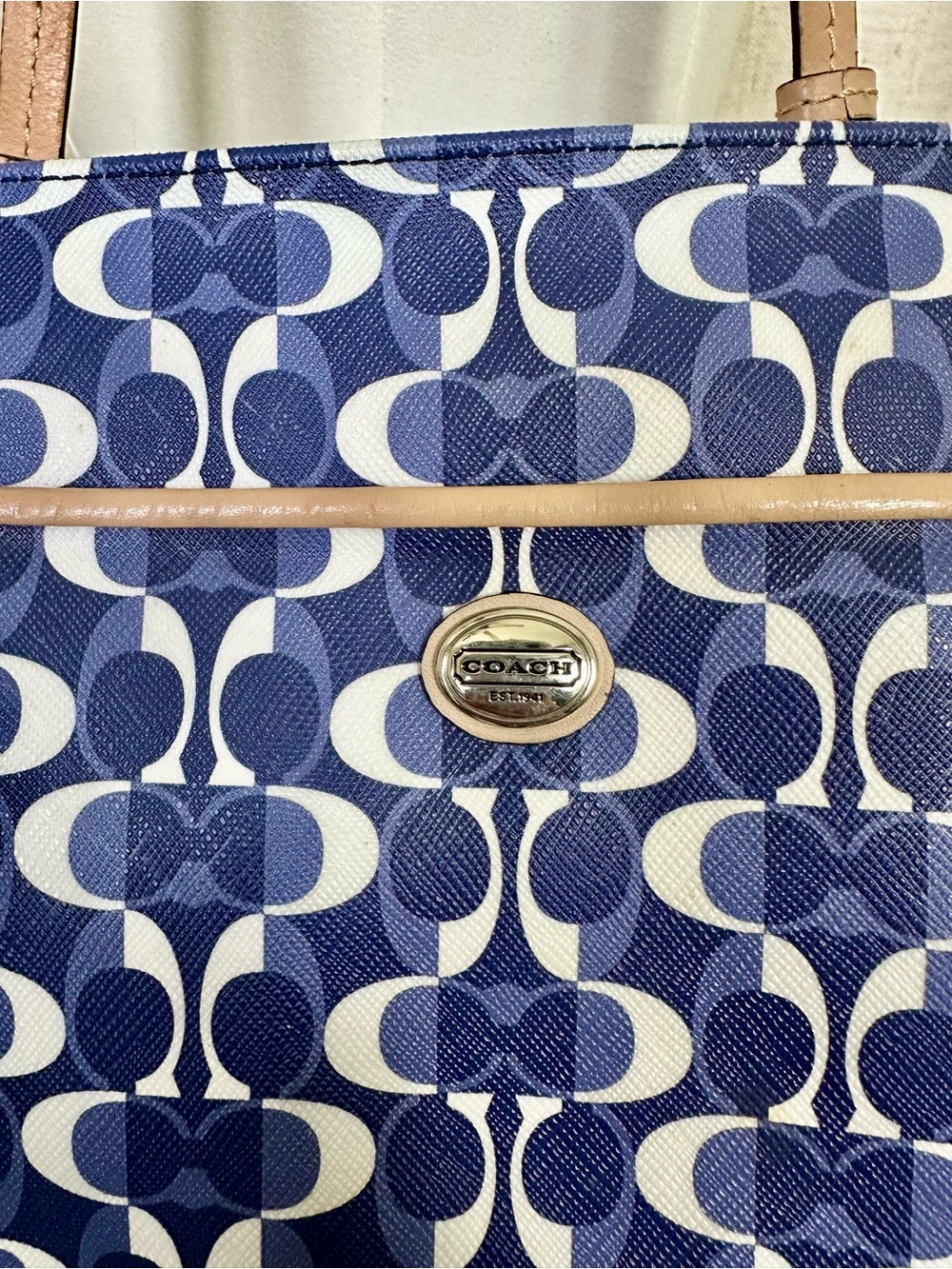 Coach Navy and White Signature Canvas Tote with Tan Leather Trim - Picture 3 of 6